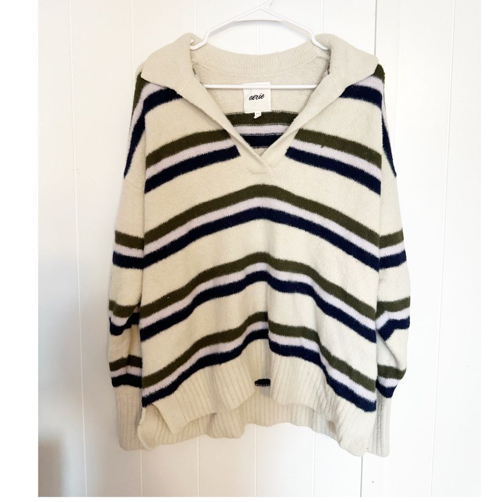 Aerie striped v-neck polo sweater green blue cream